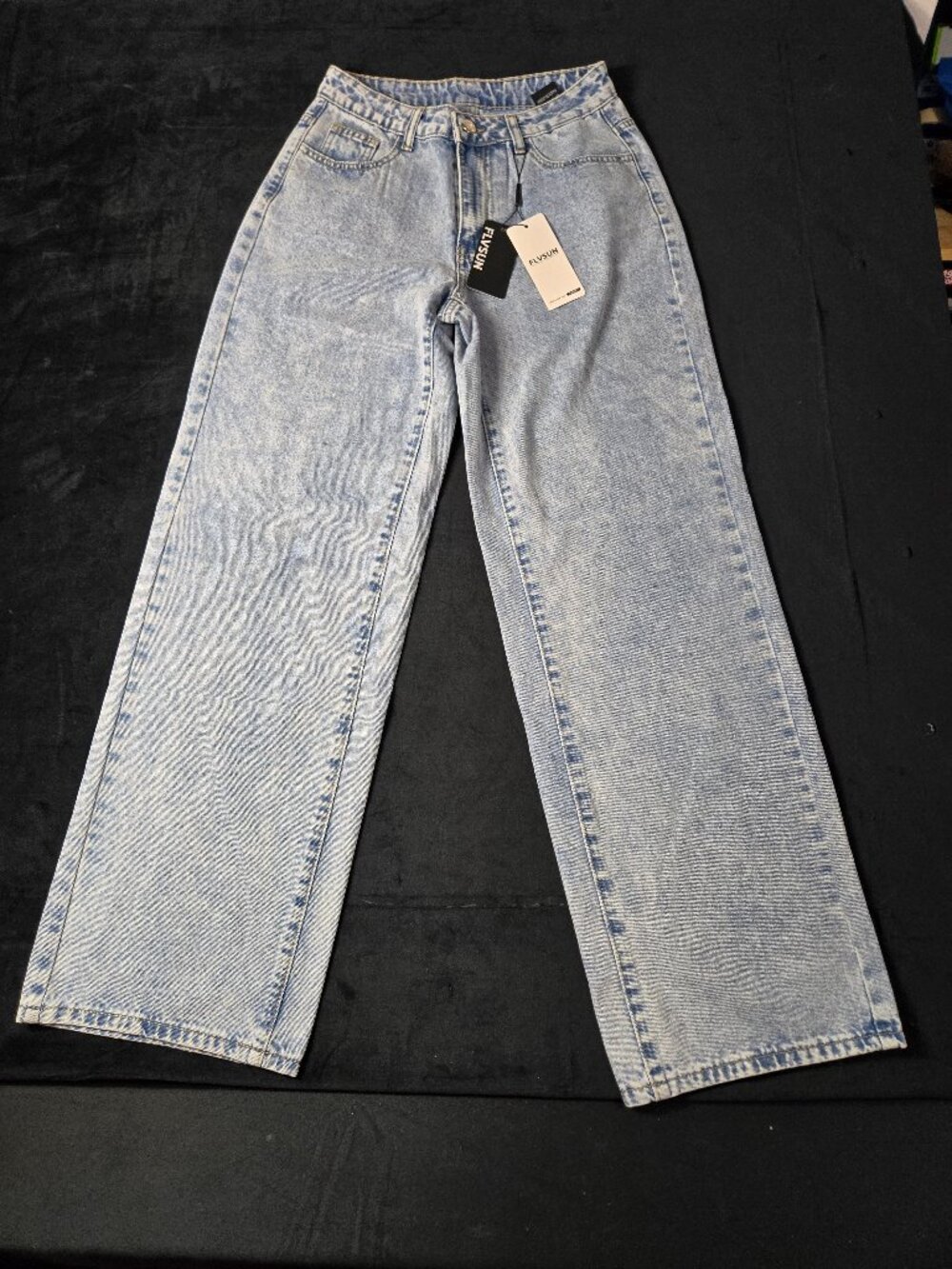 FLVSUN Women's XS Acid Wash Wide Leg Bow Pocket Jeans Baggy Y2K NWT